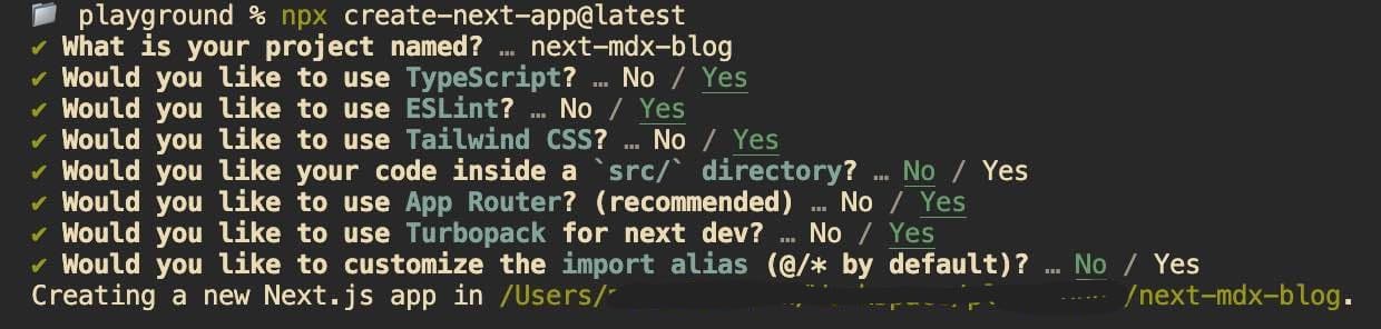 Next.js installation terminal output