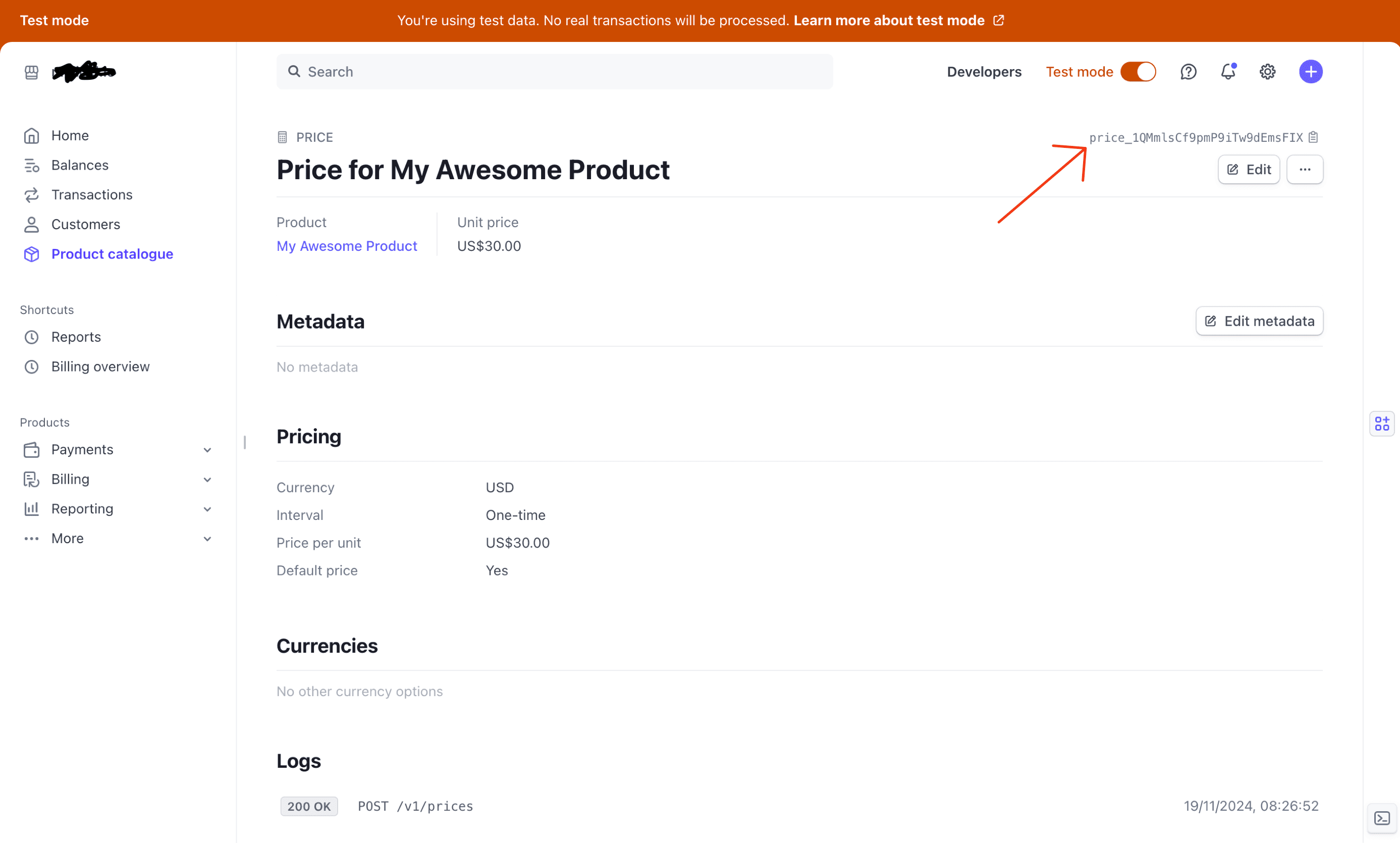 Copy the Price ID in Stripe Dashboard